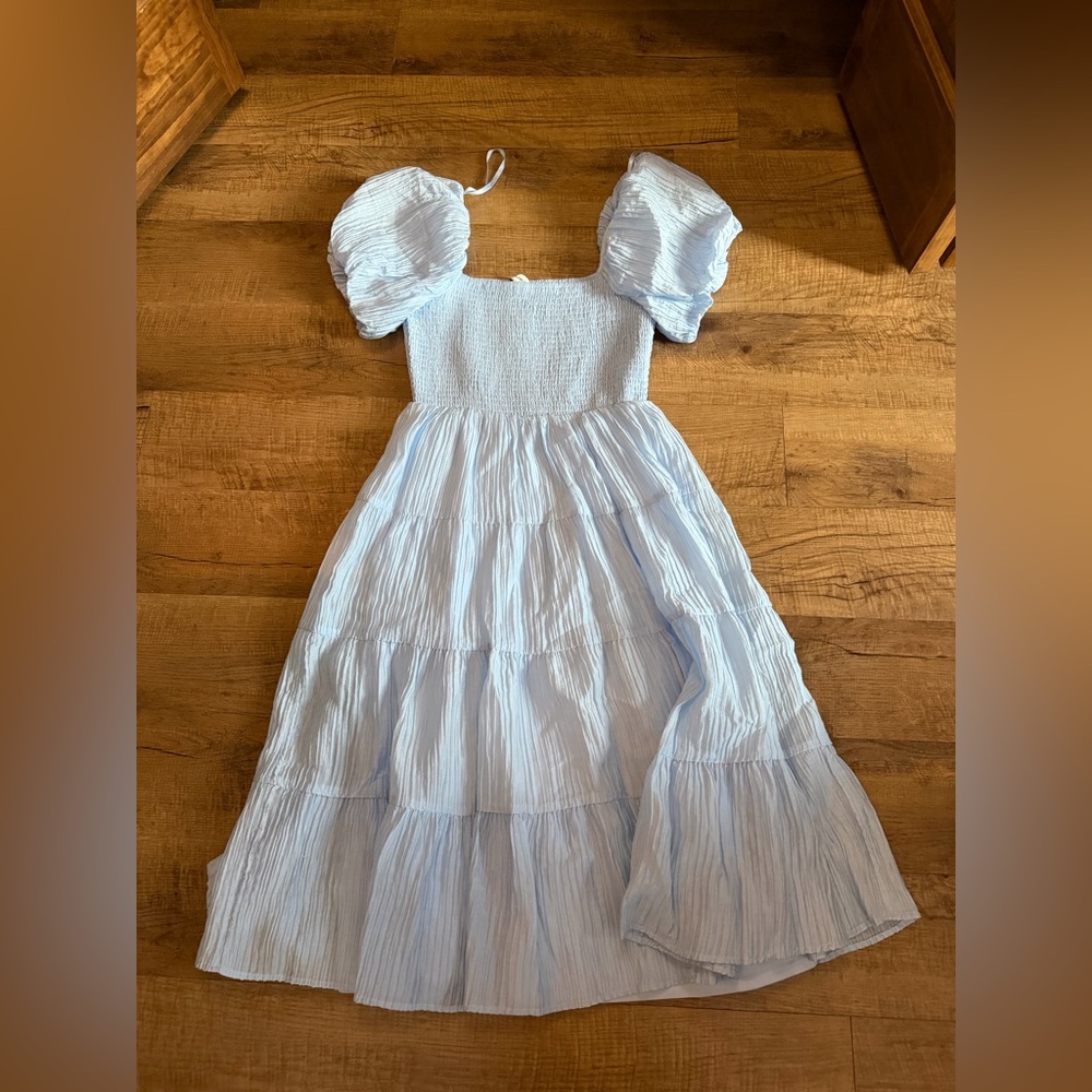 Francesca's Collections Light Blue Smocked Puff Sleeve Midi Dress - Picture 3 of 4